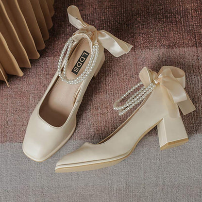 Elegant Pearl Bow High-heeled Shoes Modakawa