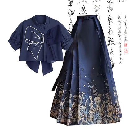 Blue Bow Print Print T-Shirt Vintage Pleated Skirt modakawa