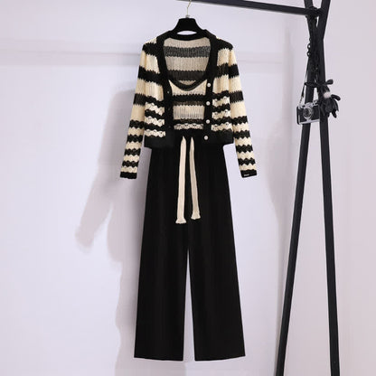 Black Stripe Print Tank Top Cardigan Causal Pants modakawa