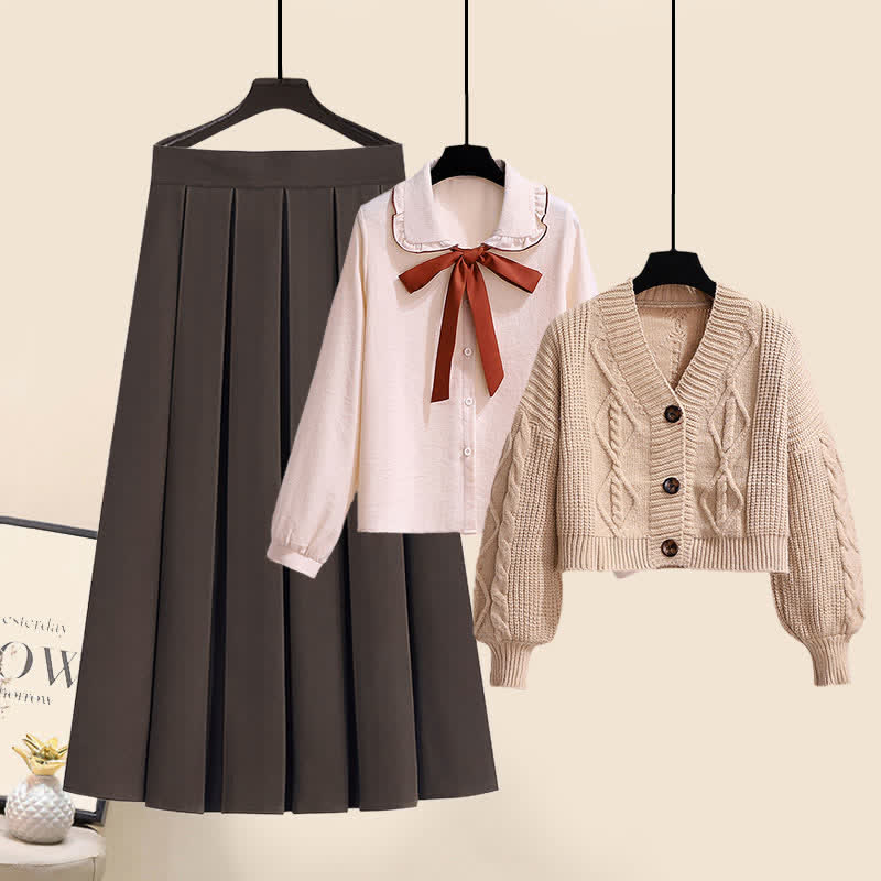 Sweet Cardigan Sweater Bow Tie Shirt Pleated Skirt Set modakawa