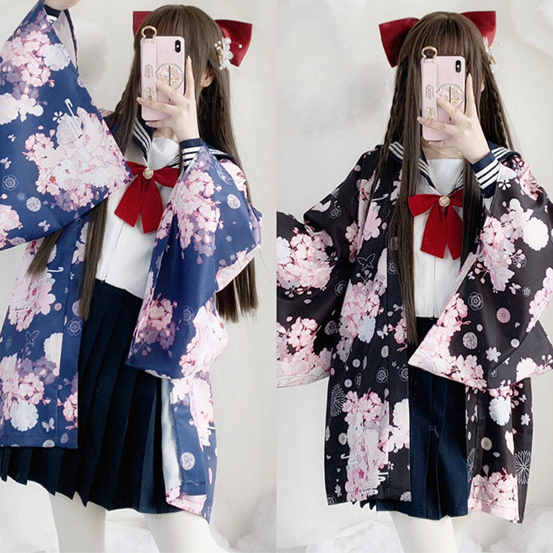 Cat Sakura Print Loose Cardigan Kimono Outerwear modakawa