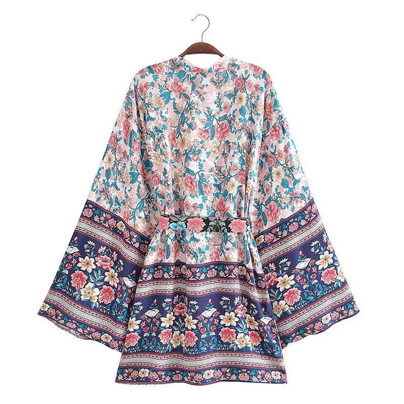 Boho Flower Print Belt Cardigan Outerwear modakawa