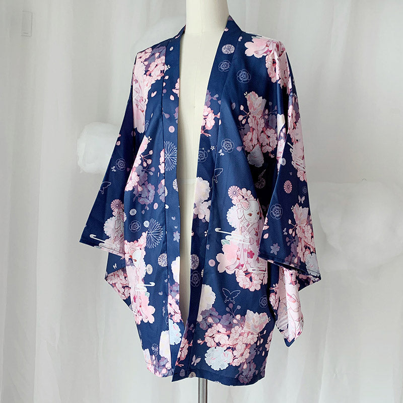 Cat Sakura Print Loose Cardigan Kimono Outerwear modakawa