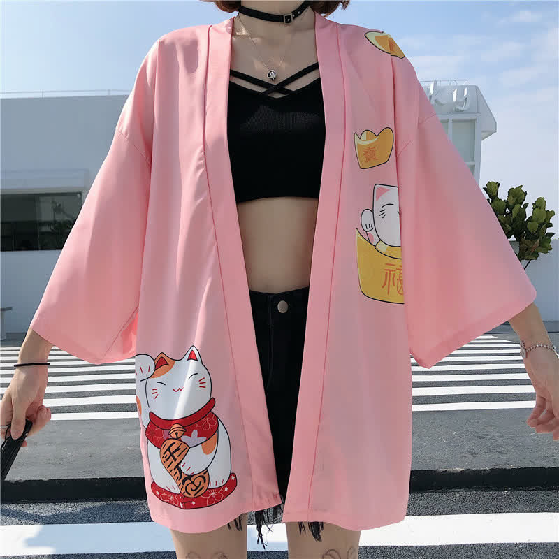 Lucky Cat Letter Print Cardigan Kimono Outerwear modakawa