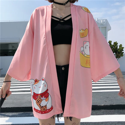 Lucky Cat Letter Print Cardigan Kimono Outerwear modakawa