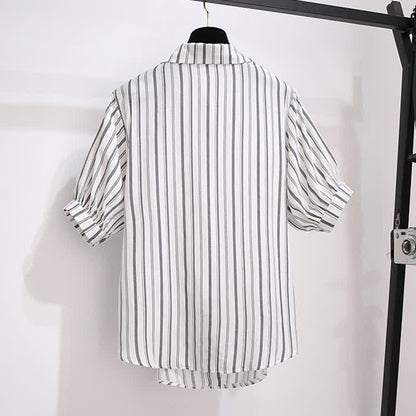 Fake Two Pieces Stripe Lapel T-Shirt Pocketed Denim Shorts modakawa