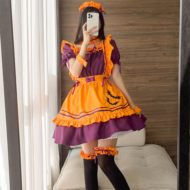 Cute Bat Embroidery Lace Up Ruffled Maid Dress Modakawa