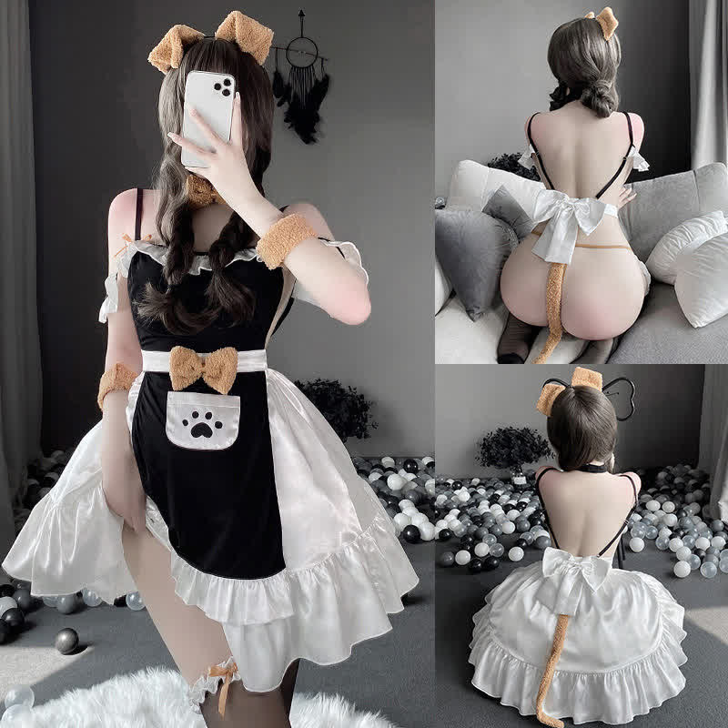 Plush Bow Knot Kitty Claw Pocket Maid Dress Lingerie Set Modakawa