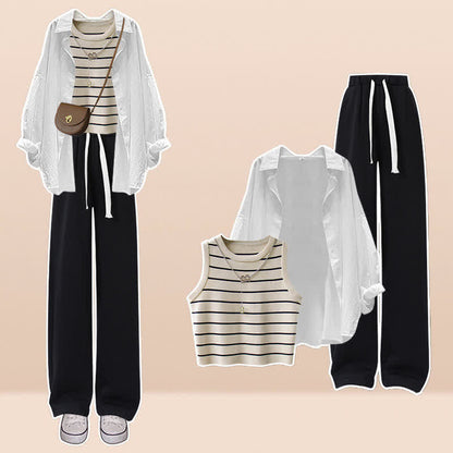 Chic Stripe Cami Top Long Sleeve Shirt High Waist Casual Pants modakawa