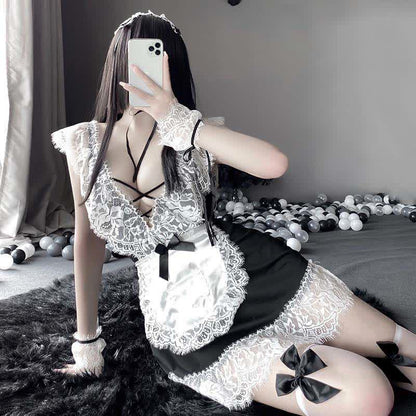 Cosplay Black Bow Maid Deep Lace Lingerie Dress Modakawa