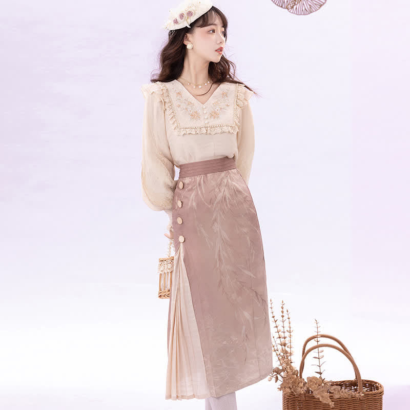 Elegant Embroidery Pink Shirt High Waist Split Pleated Skirt modakawa