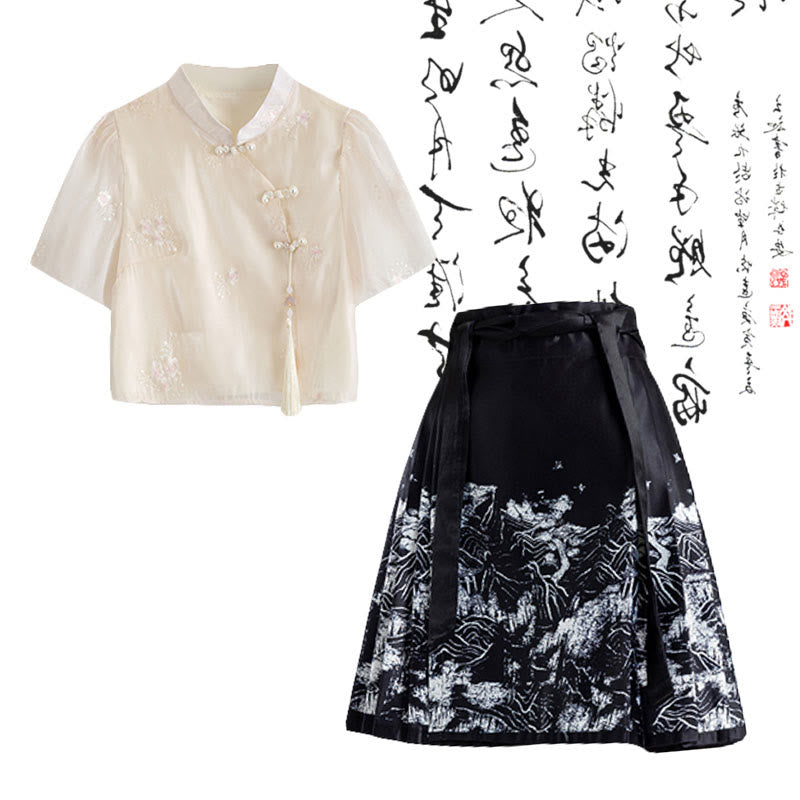 Vintage Buckle Tassel Embroidery Shirt High Waist Pleated Skirt modakawa