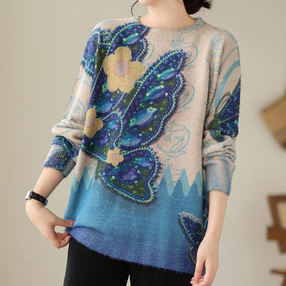 Vintage Blue Flower Butterfly Print Sweater modakawa