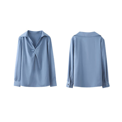 Elegant Pure Color Ruffled Satin Shirt Workwear modakawa