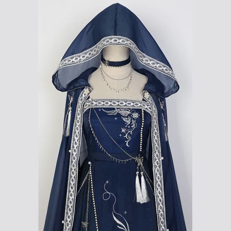 Dreamy  Embroidery Butterfly Chain Slip Dress Hooded Cloak modakawa