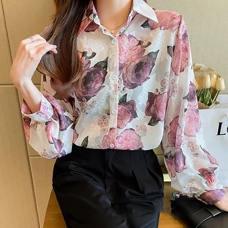 Pink Floral Embroidery Puff Sleeve Chiffon Shirt Workwear modakawa