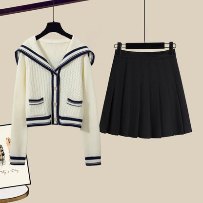 Sailor Collar Cable Sweater Casual Pants Pleated Skirt Set Modakawa