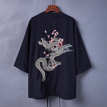 Black Dragon Chinese Embroidery Kimono Outerwear Sun Protective modakawa