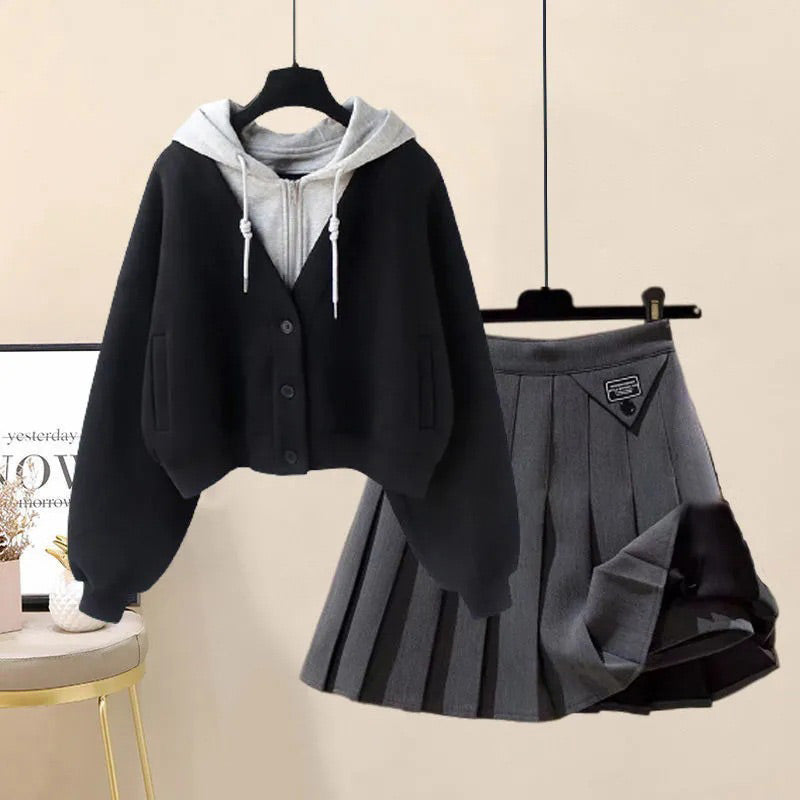 Casual Pocket Hoodie Pleated Skirt Set Modakawa