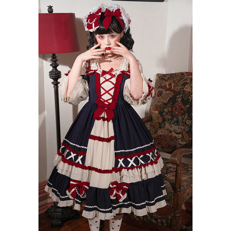 Red Bow Knot Decor Lace Up Lolita Dress modakawa