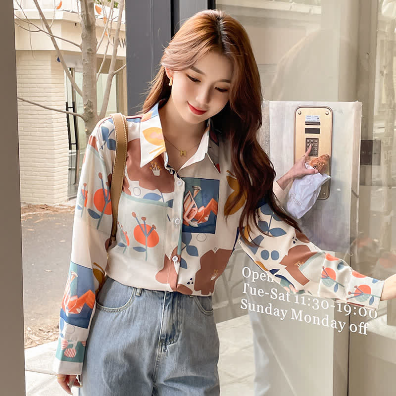 Colorblock Floral Print Casual Shirt modakawa