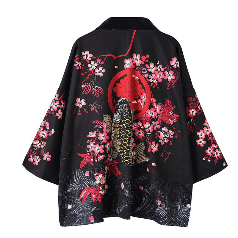 Black Fish Floral Kimono Outerwear Sun Protective modakawa