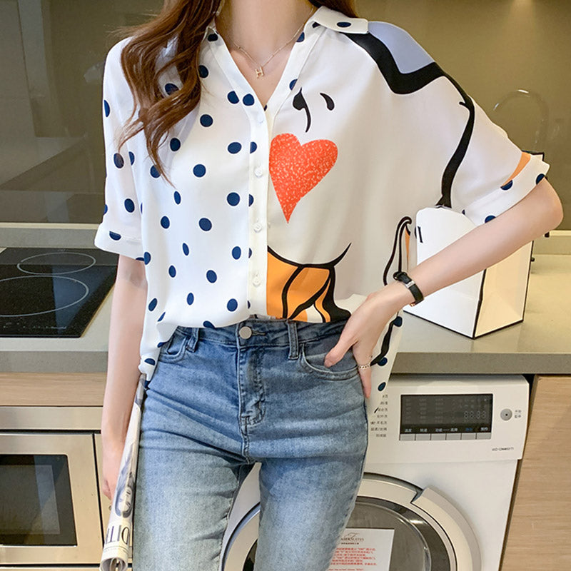 Heart Polka Dots Print Blouse Workwear modakawa