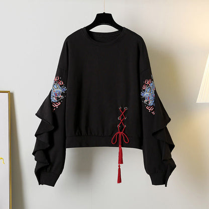 Exquisite Embroideried Lace Up Sweatshirt Pleated Skirt Modakawa