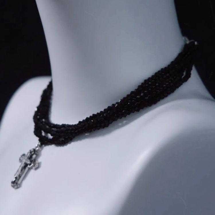 Silver Cross Pendant Black Multi Layers Necklace mySite