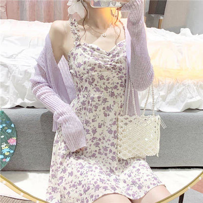 Sweet Cardigan Floral Print Slip Dress Set modakawa