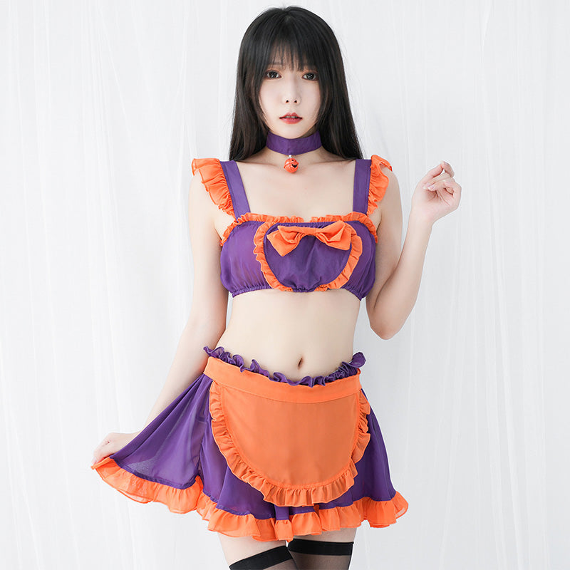 Pumpkin Bell Bow Decor Chiffon Maid Lingerie Set Modakawa