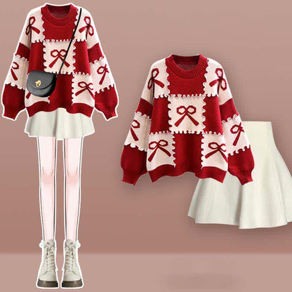 Bow Knot Print Sweater Plaid Pleated Skirt Set modakawa