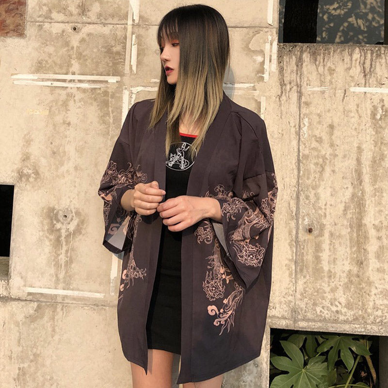 Mysterious Dragon Print Kimono Outerwear Modakawa