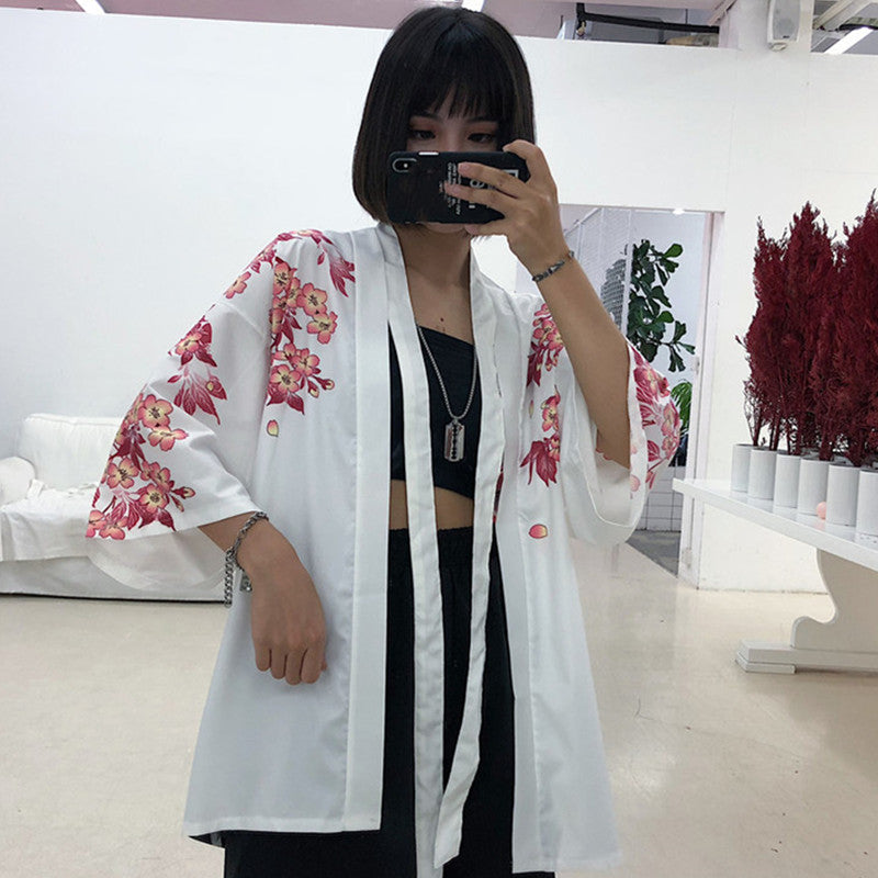 Black Fish Floral Kimono Outerwear Sun Protective modakawa