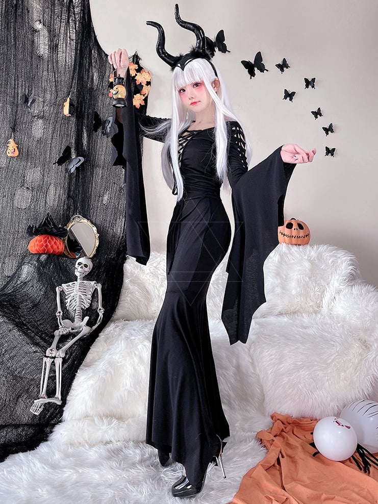 Halloween Costume Black Wide Bat Sleeves Witch Dress mySite