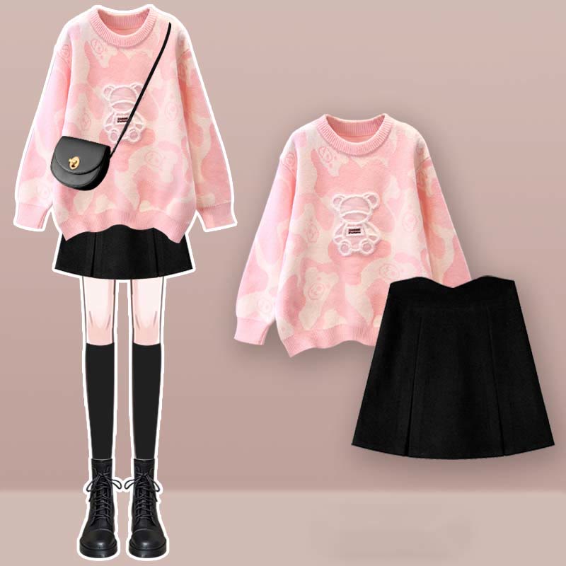 Cartoon Bear Print Sweater Split Skirt Set modakawa