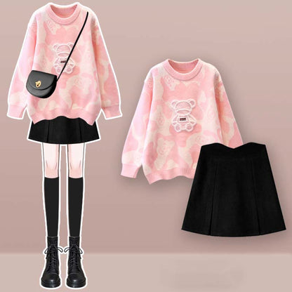 Cartoon Bear Print Sweater Split Skirt Set modakawa