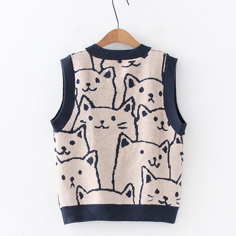 Cute Kitty Print Vest Lace Up Shirt Set Modakawa