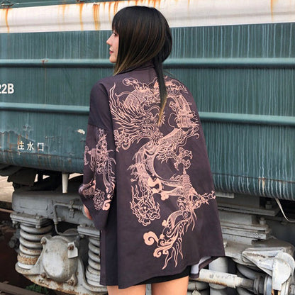 Mysterious Dragon Print Kimono Outerwear Modakawa