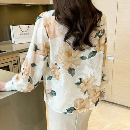 Sweet Floral Puff Sleeve Lapel Chiffon Shirt modakawa