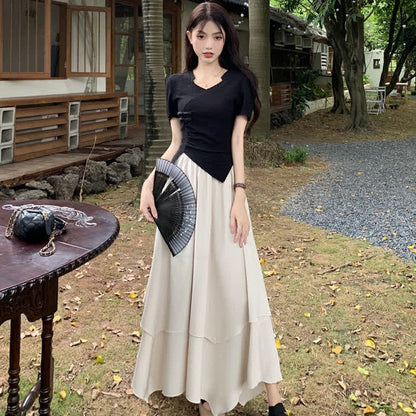 Elegant Buckle Irregular T-Shirt Layered Midi Skirt Set modakawa