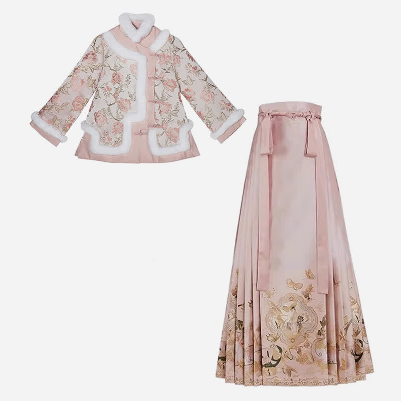 Pink Floral Embroidery Coat High Waist Pleated Skirt Modakawa