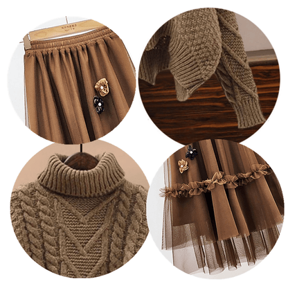 Brown Turtleneck Sweater Blossom Decor Tulle Skirt Set modakawa