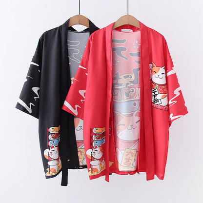 Lucky Cat Print Cardigan Kimono Outerwear modakawa