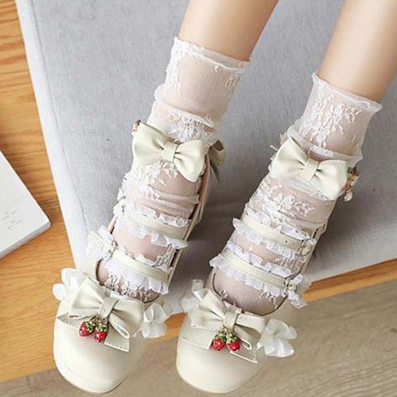 Kawaii Lace Bow Lolita Kitten Heel Mary Janes Shoes Modakawa