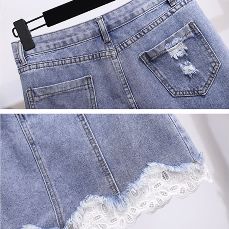 Bowknot Knitted T-Shirt High Waist Denim Skirt modakawa