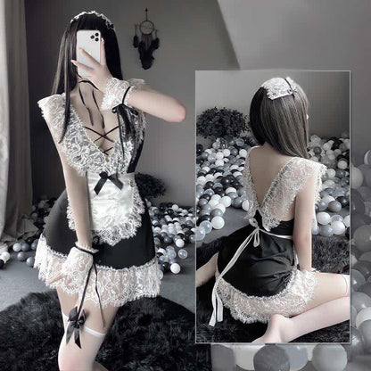 Cosplay Black Bow Maid Deep Lace Lingerie Dress Modakawa