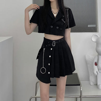 Black Chain Lapel Crop Blazer Irregular Belted Pleated Skirt modakawa