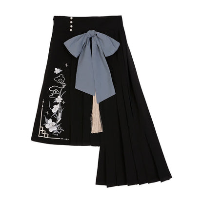 Sweet Embroidery Off The Shoulder Butterfly Shirt Irregualr Bow Pleated Skirt modakawa