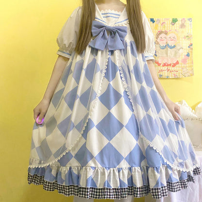 Sweet Bow Square Print Navy Collar Lolita Dress Modakawa